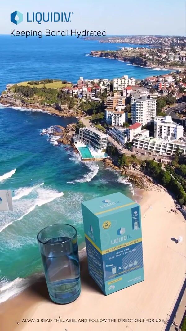 Liquid I.V. Giant Glass and Hydration Multiplier on Bondi Beach
