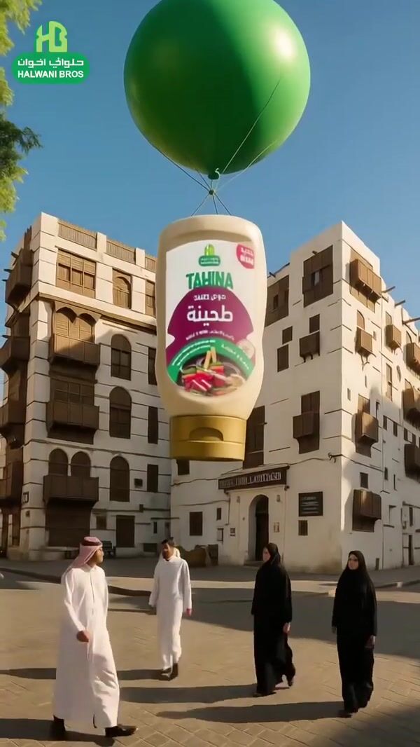 Halwani Bros Giant Tahini Bottle Lifted by Balloon