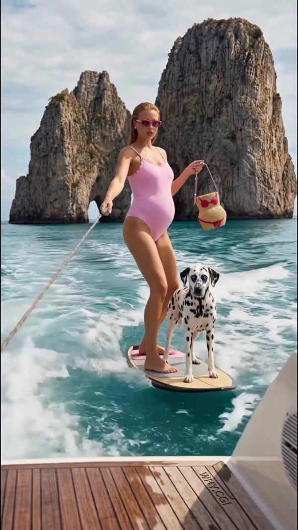 Malu Borges Wakeboarding With Dalmatian and Bag