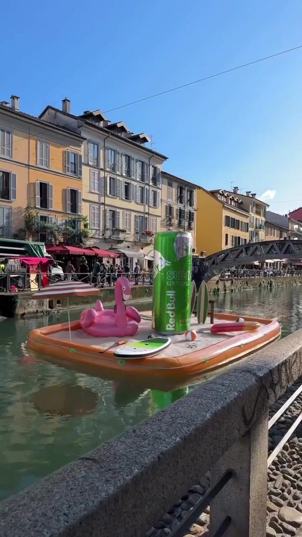 Red Bull Giant Green Edition Can Floats Through Milan Canals