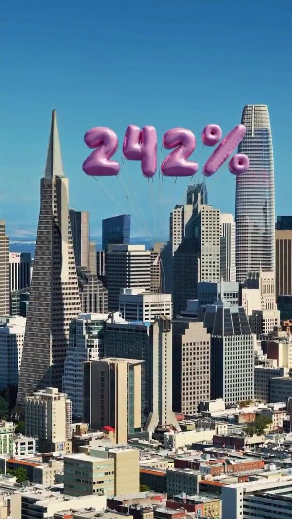 Benefit Pink Number Balloons Above City Skyline