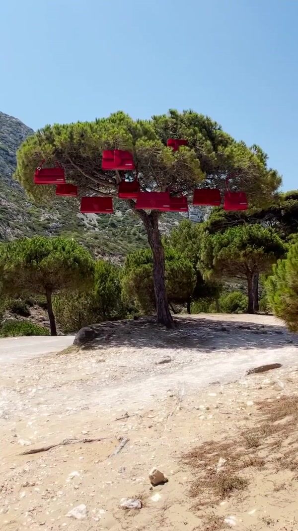 Jacquemus Red Bags Hanging from Tree in Provence