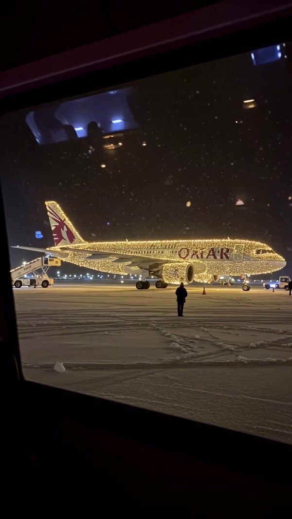 Qatar Airways Plane Adorned with Lights on Tarmac