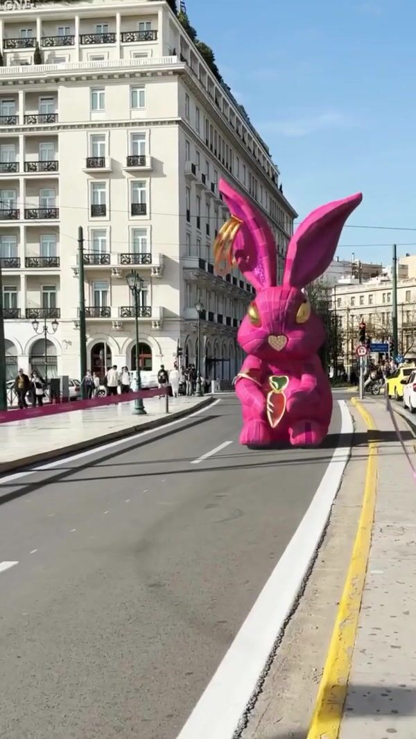 Anna Maria Mazaraki Bunny Mascot Rolls on Street
