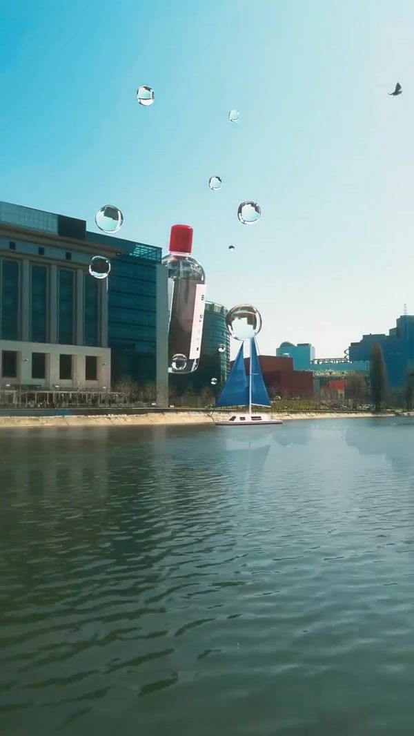 Bioderma Giant Bottle and Droplets Float in City