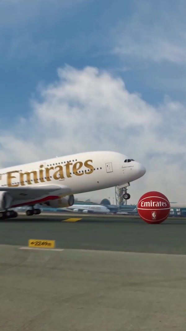 Emirates Airplane Shoots Basketball in Hoop