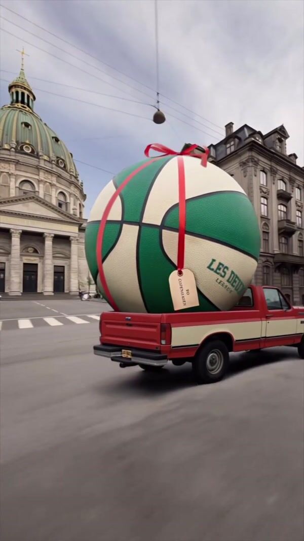 Les Deux Pickup Truck Transports Giant Basketball