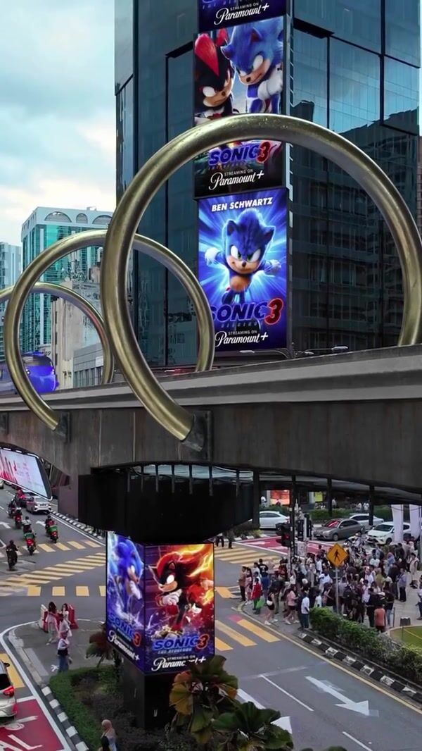 Sonic Movie Themed Train Passing on Viaduct