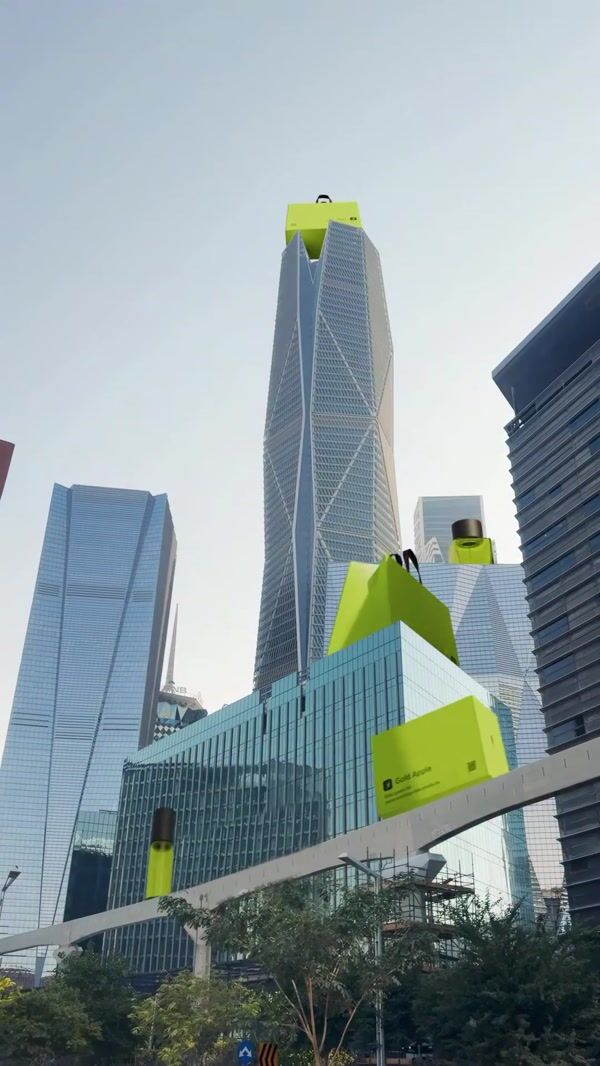 Gold Apple Products Move Across Buildings