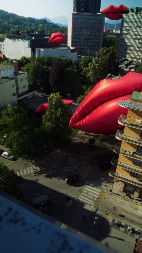 Smile Inflatable Lips Installed Above City