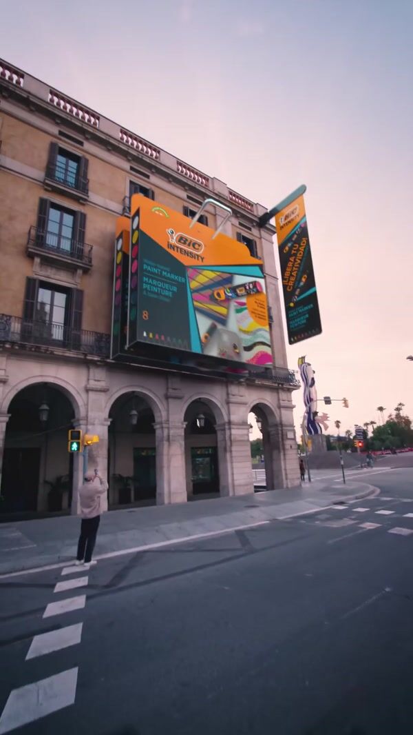 BIC Markers Spill from Giant Box on Plaza Mayor Façade