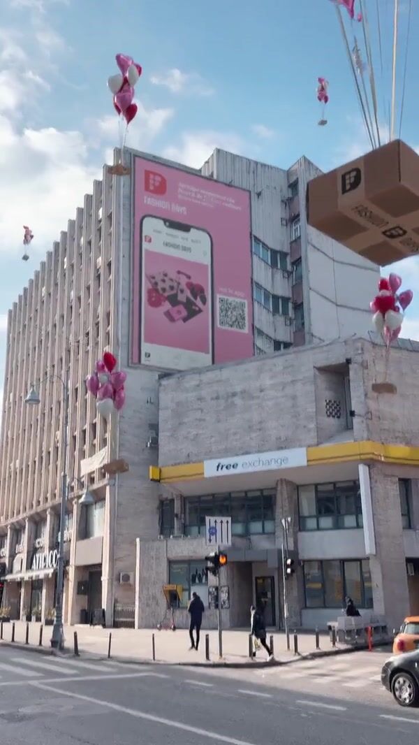 Fashion Days Heart Balloons Lift Parcels over Calea Victoriei