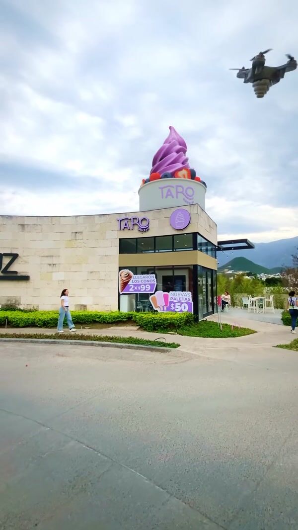 Taro Haus Drone Pours Syrup on Giant Sundae