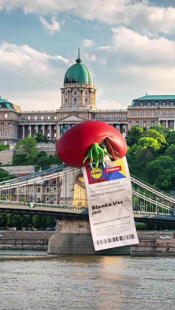 Giant tomato inflates on bridge in Budapest, Hungary