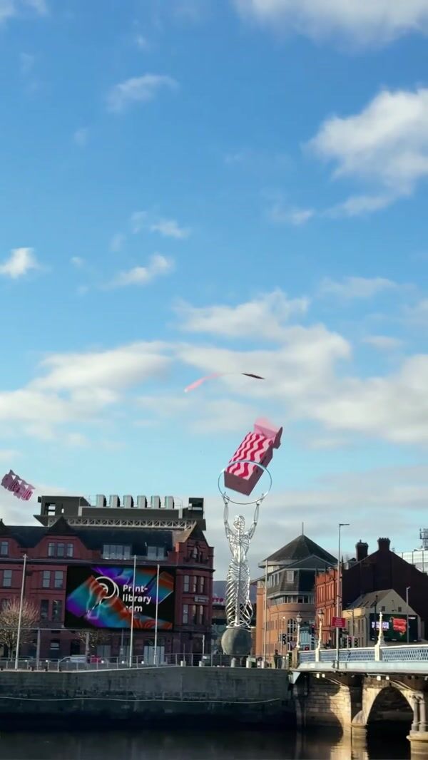 Print Library Giant Pink Boxes Land on Bridge