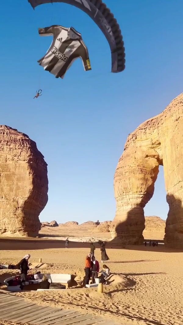 NUFC Arabia Jersey Paragliding on Desert at Elephant Rock