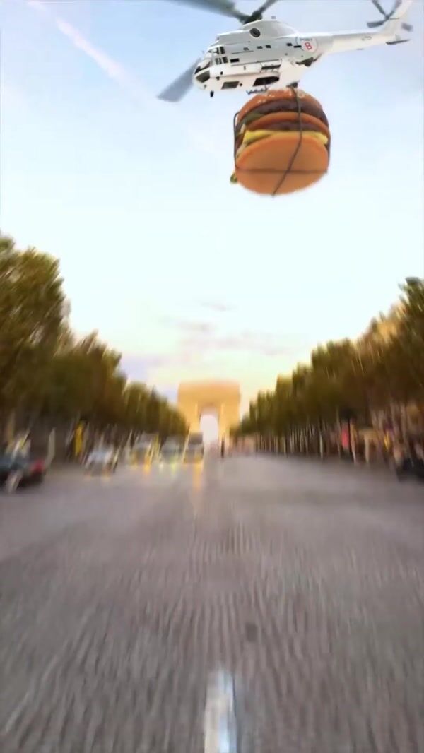 Point B Helicopter Drops Giant Burger in Champs-Élysées