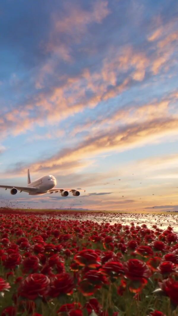 Emirates Plane Glides Over Field of Roses