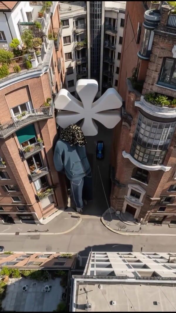 House of Pezzo Figure in Denim on Building
