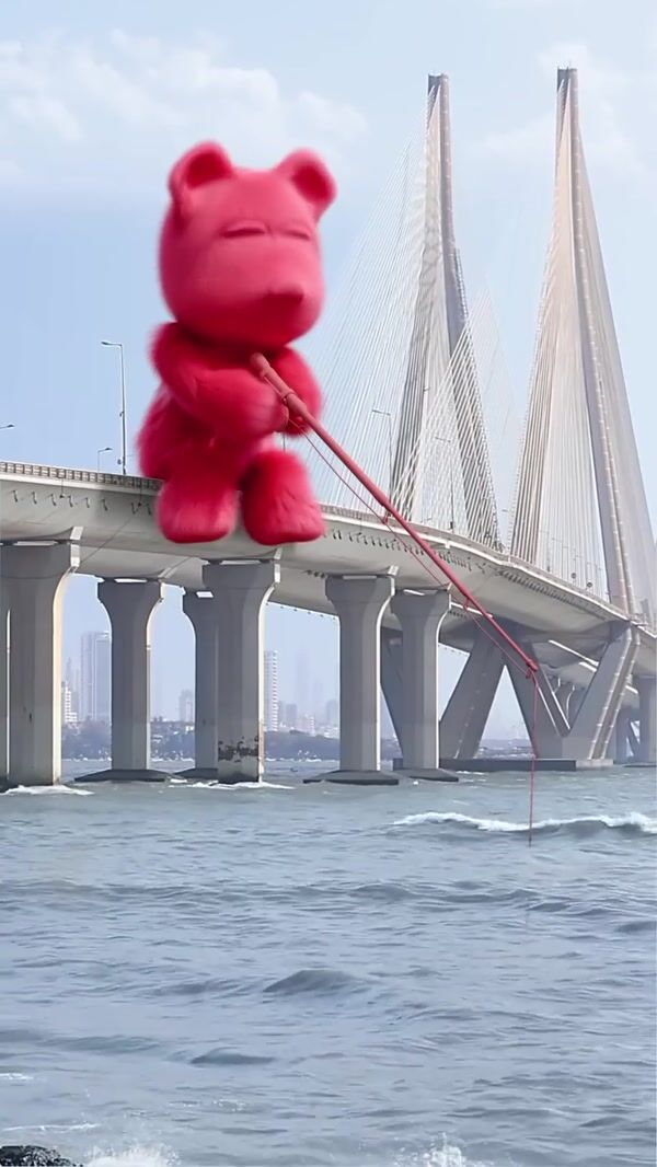 Maybelline Pink Teddy Fishing at Bridge in India